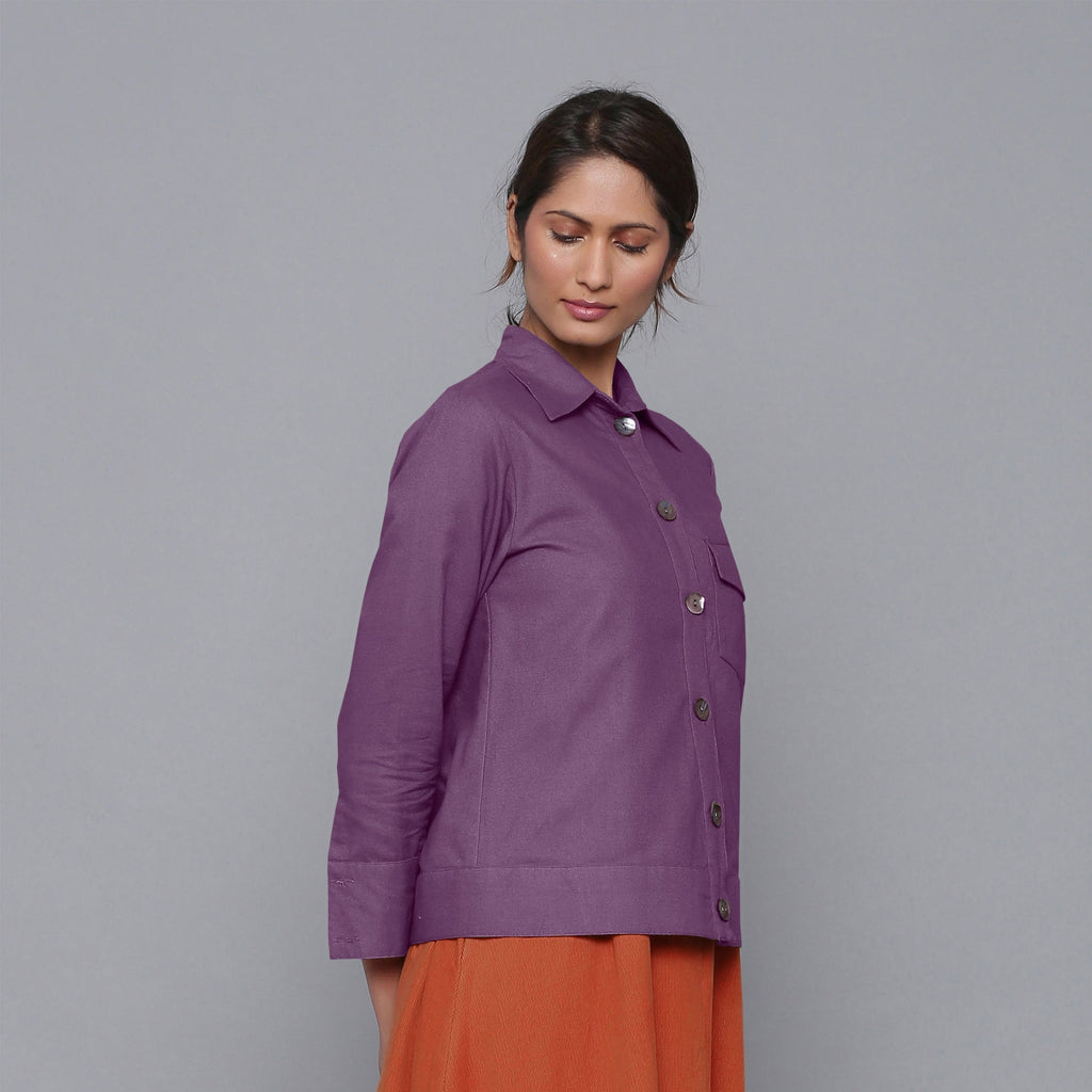 Right View of a Model wearing Solid Grape Wine Flannel Short Jacket