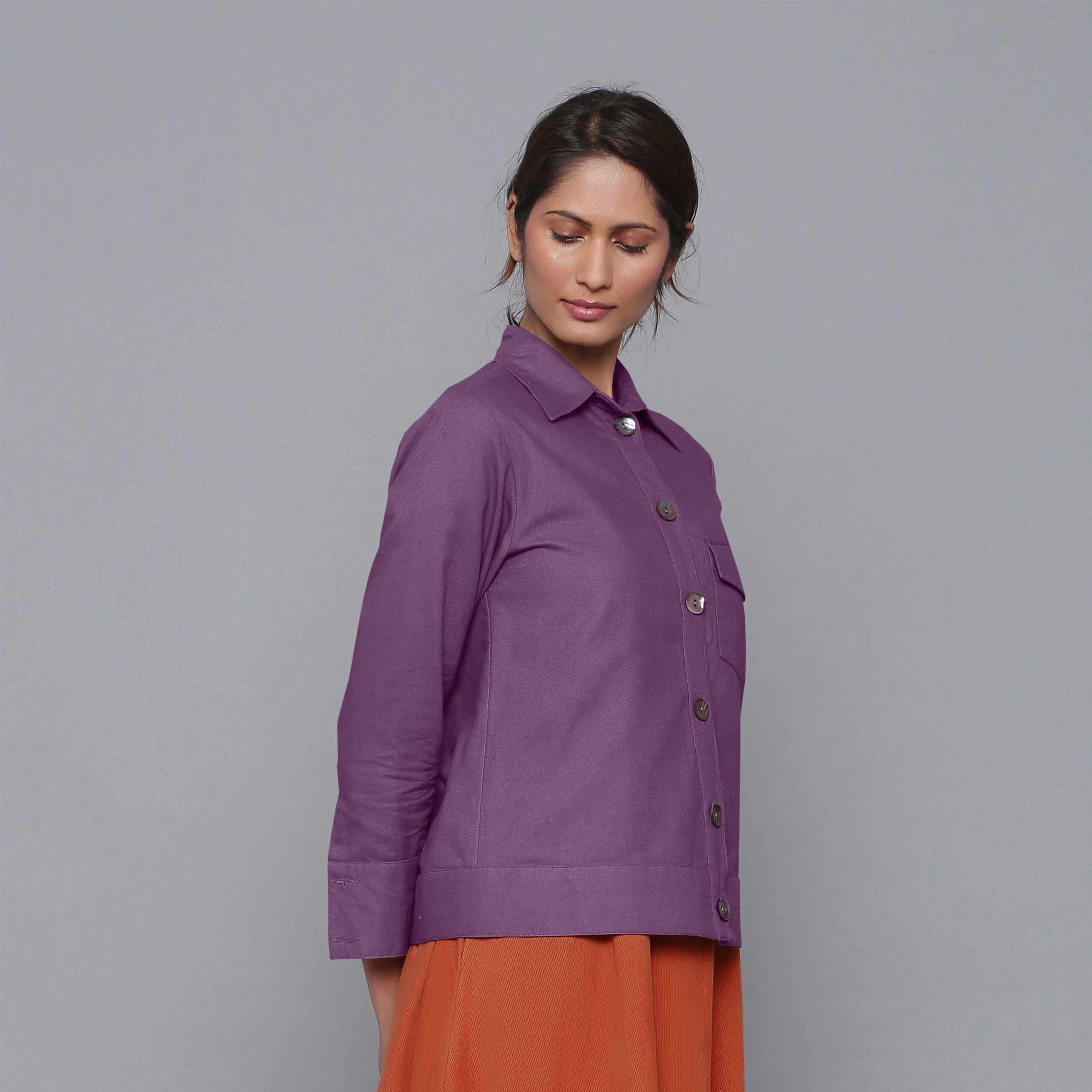 Right View of a Model wearing Solid Grape Wine Flannel Short Jacket