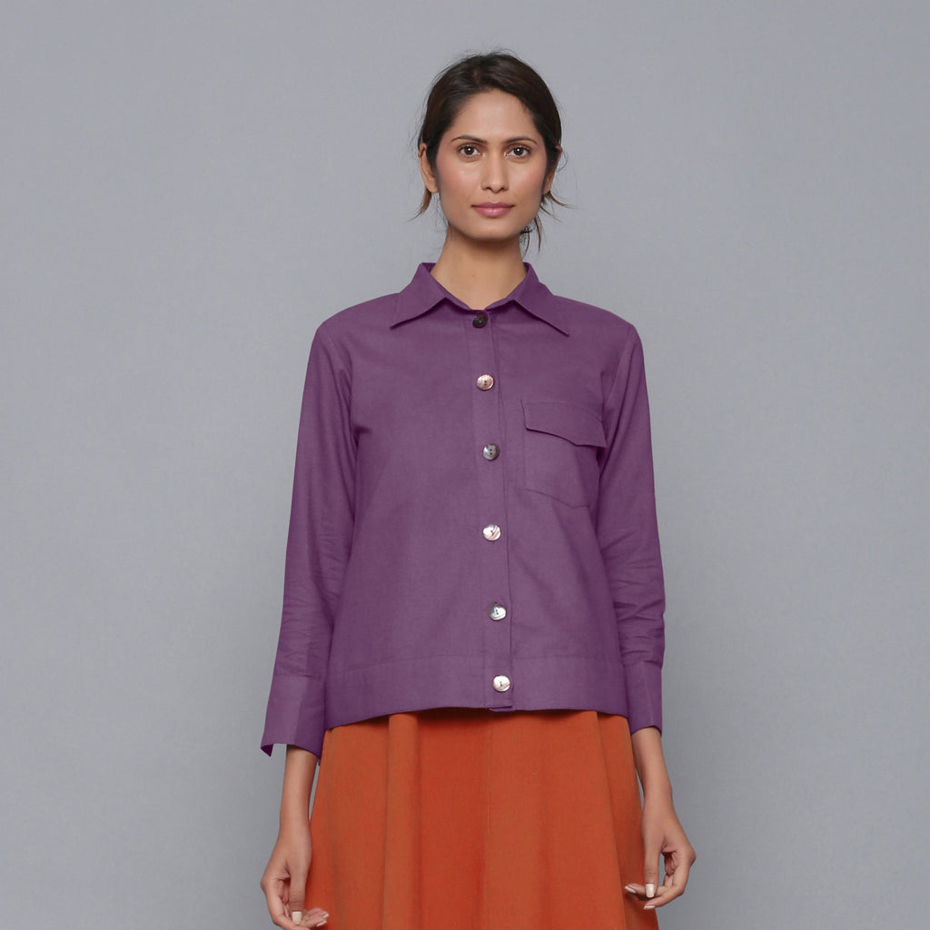 Front View of a Model wearing Solid Grape Wine Flannel Short Jacket