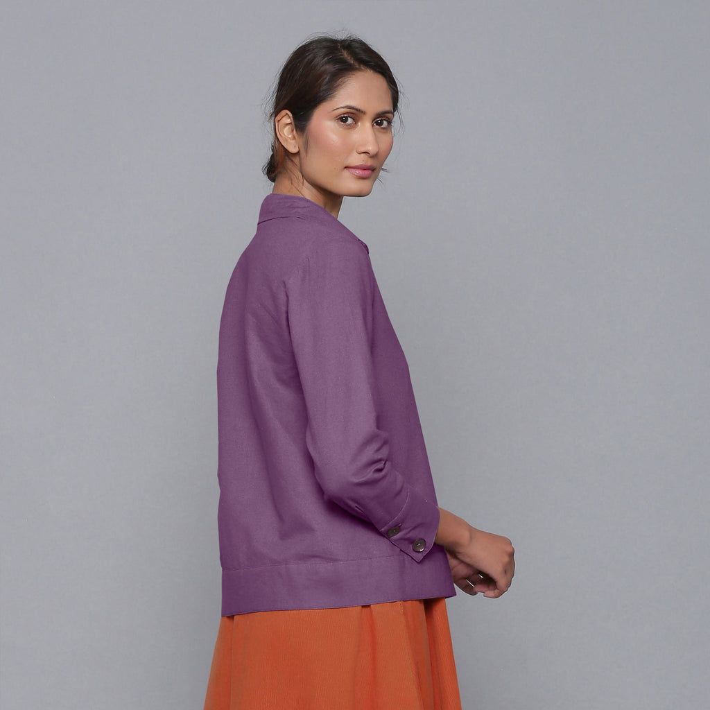 Back View of a Model wearing Solid Grape Wine Flannel Short Jacket