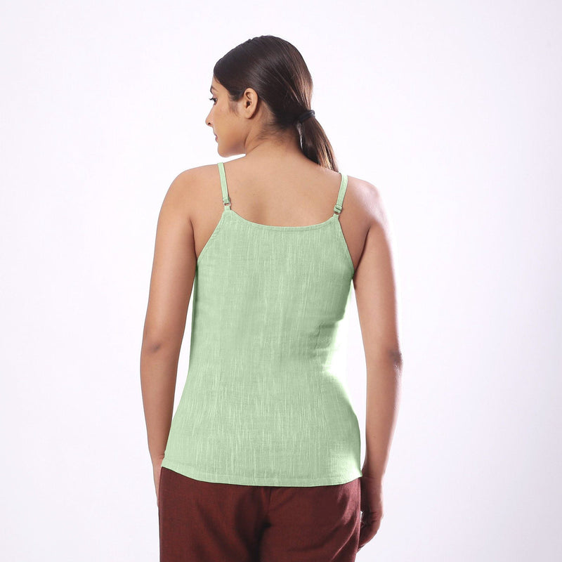 Back View of a Model wearing Solid Green Basic Cotton Spaghetti Top