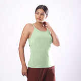 Right View of a Model wearing Solid Green Basic Cotton Spaghetti Top