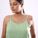 Front Detail of a Model wearing Solid Green Basic Cotton Spaghetti Top