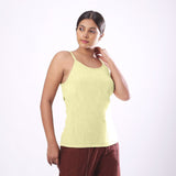 Front Detail of a Model wearing Solid Lemon Yellow Basic Cotton Spaghetti Top