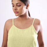 Front Detail of a Model wearing Solid Lemon Yellow Basic Cotton Spaghetti Top