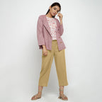 Front View of a Model wearing Solid Light Khaki Cotton Flax Culottes