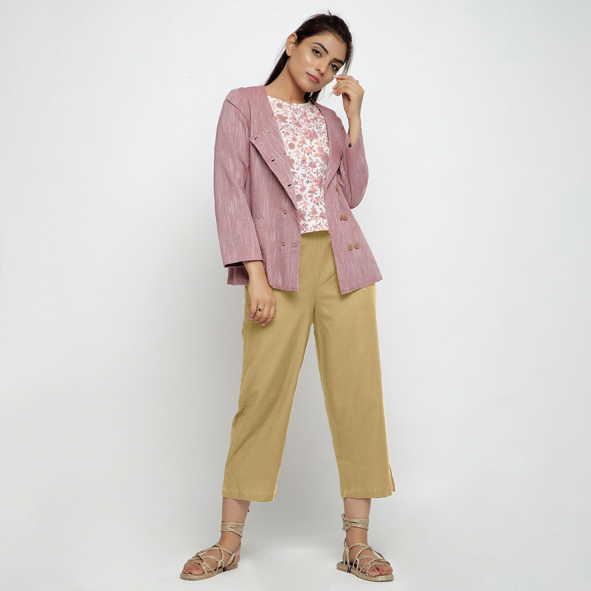 Front View of a Model wearing Solid Light Khaki Cotton Flax Culottes