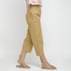 Right View of a Model wearing Solid Light Khaki Cotton Flax Culottes