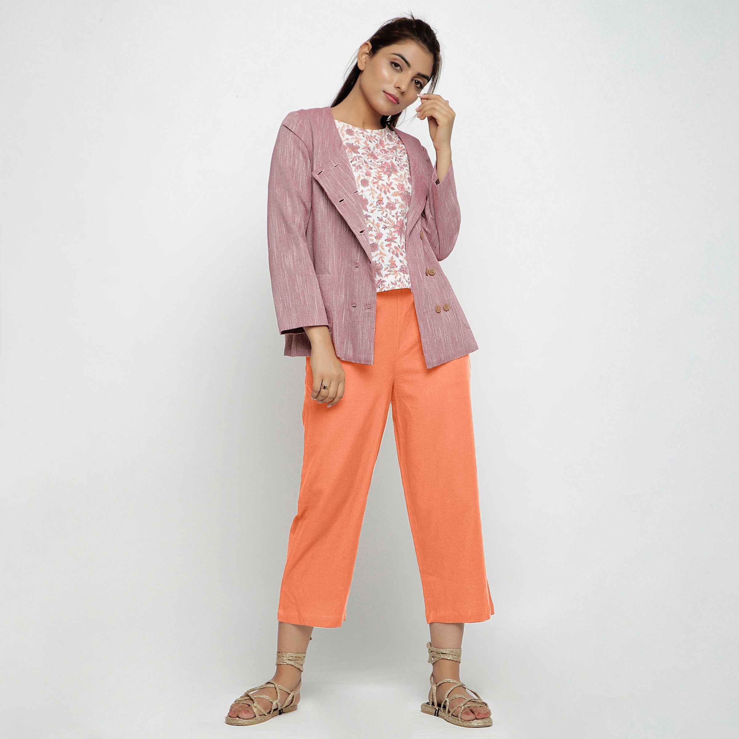 Front View of a Model wearing Solid Peach Cotton Flax Culottes
