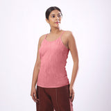 Front View of a Model wearing Solid Pink Basic Cotton Spaghetti Top