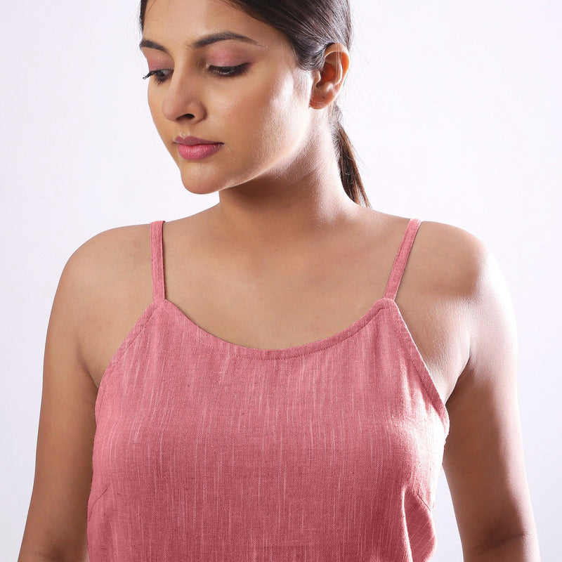 Front Detail of a Model wearing Solid Pink Basic Cotton Spaghetti Top