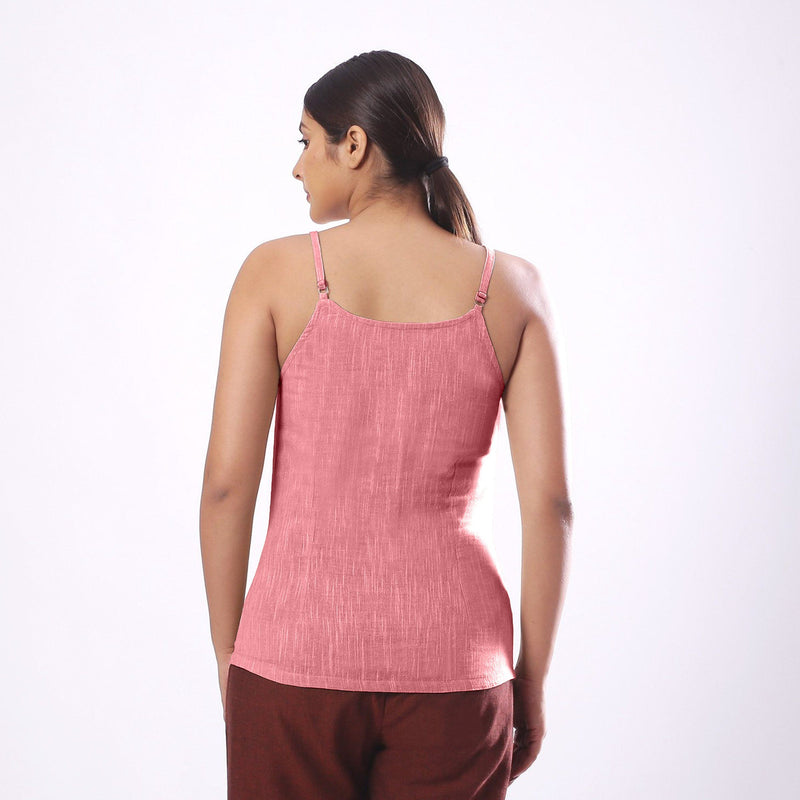 Back View of a Model wearing Solid Pink Basic Cotton Spaghetti Top