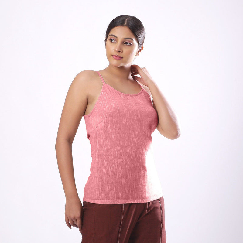 Right View of a Model wearing Solid Pink Basic Cotton Spaghetti Top