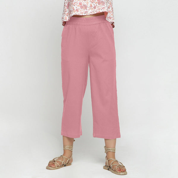 Front View of a Model wearing Solid Pink Cotton Flax Culottes