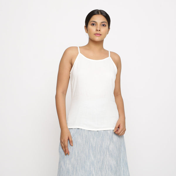 Front View of a Model wearing White 100% Cotton Relaxed Fit Spaghetti Top