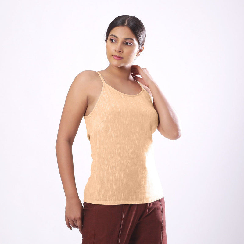 Right View of a Model wearing Solid Yellow Basic Cotton Spaghetti Top
