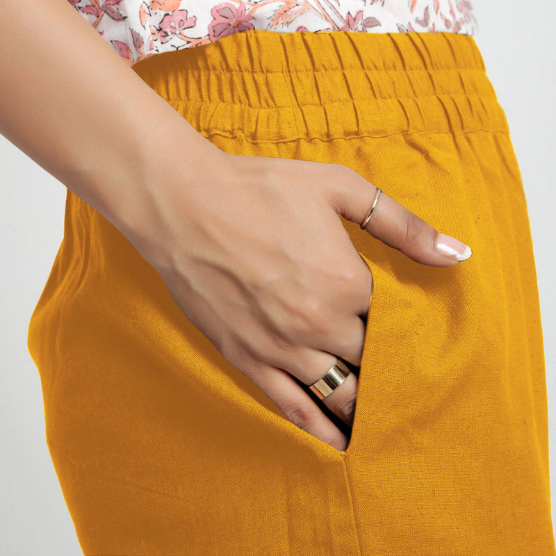 Right Detail of a Model wearing Solid Yellow Cotton Flax Culottes