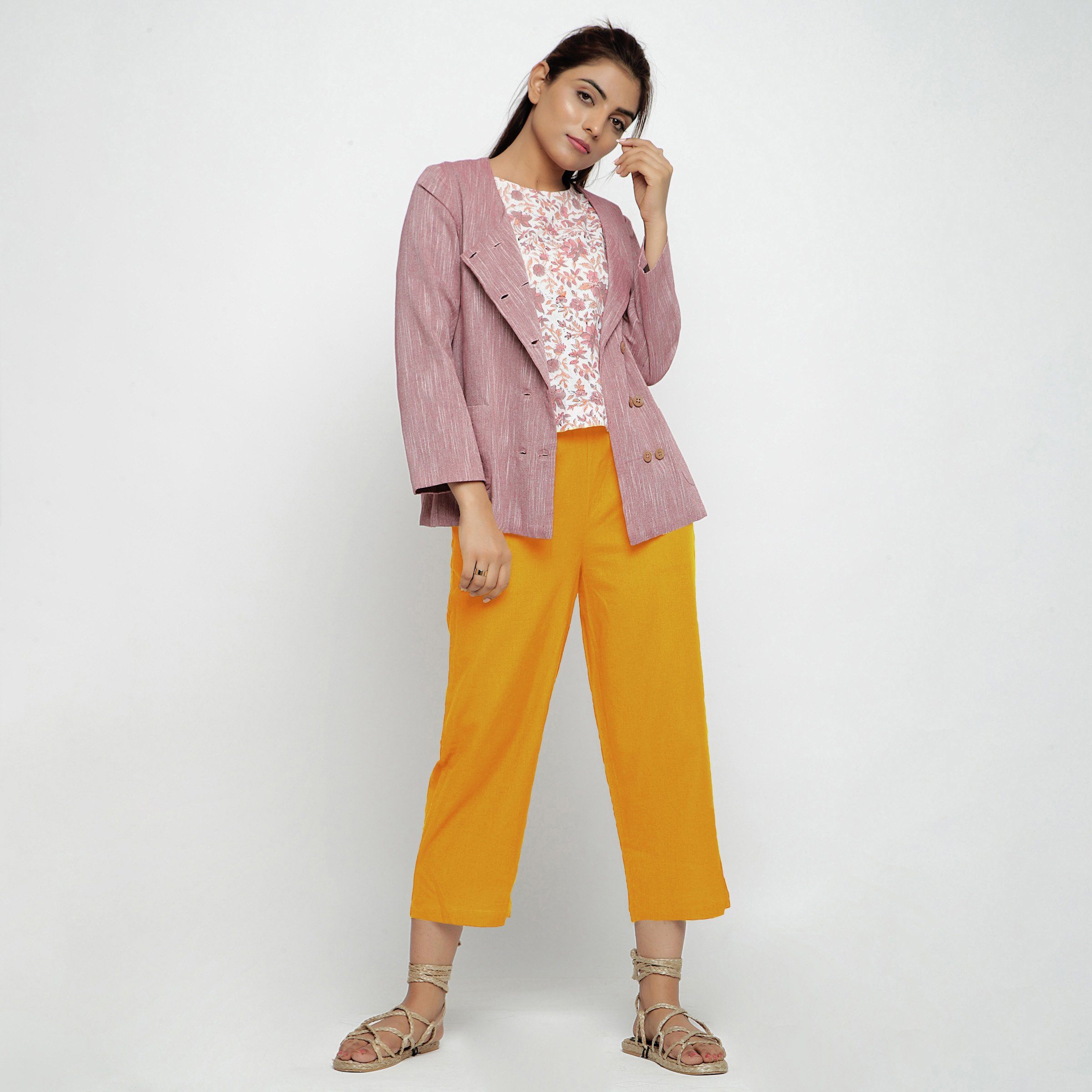 Front View of a Model wearing Solid Yellow Cotton Flax Culottes