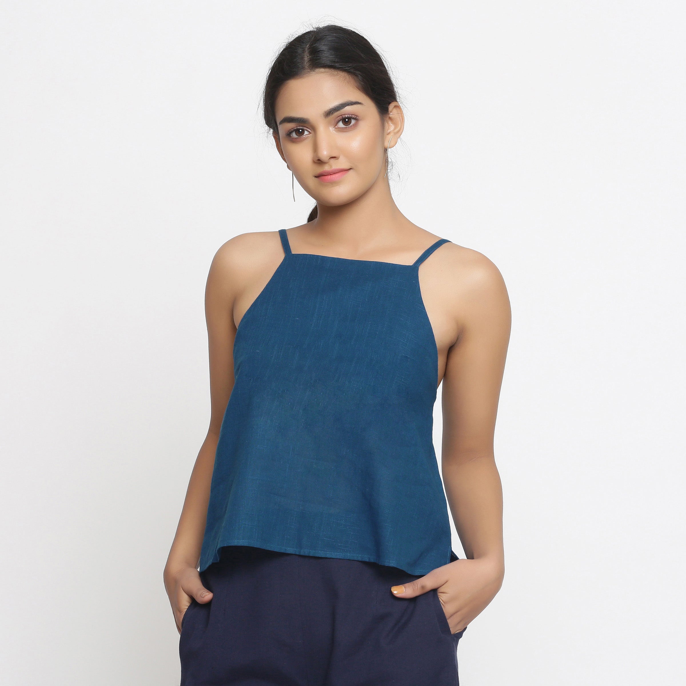 Front View of a Model wearing Strappy Everyday Cotton Spaghetti Top