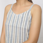 Front Detail of a Model wearing Strappy Handspun Striped Shift Dress