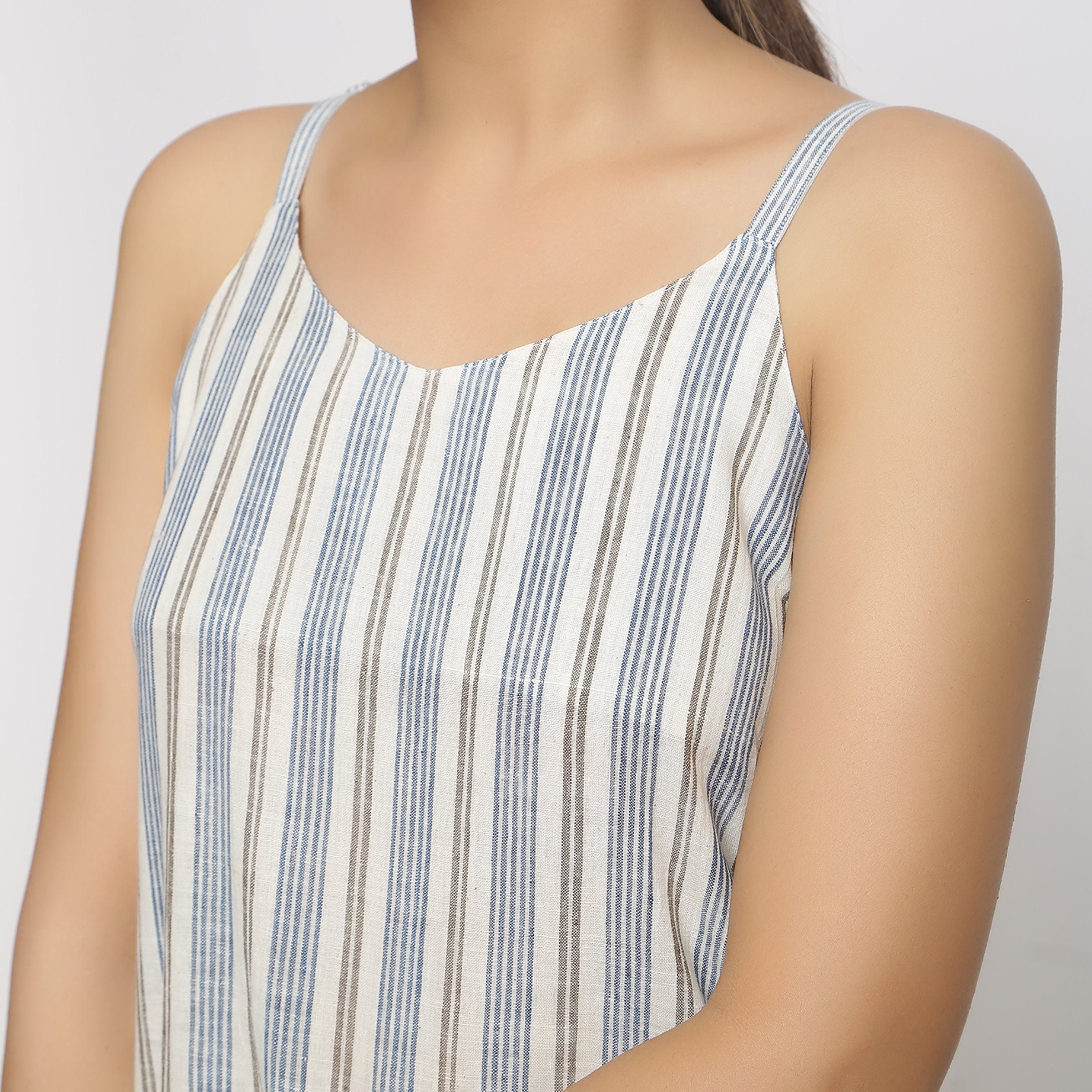 Front Detail of a Model wearing Strappy Handspun Striped Shift Dress
