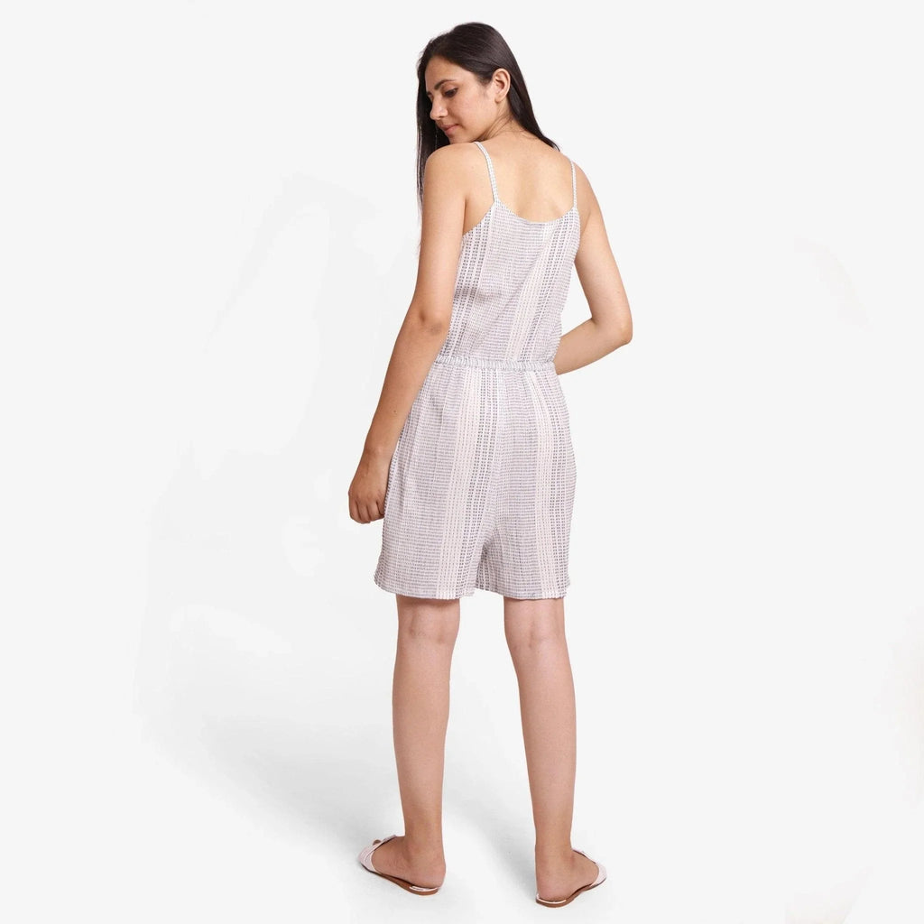 Back View of a Model wearing Strappy White 100% Cotton Short Striped Playsuit