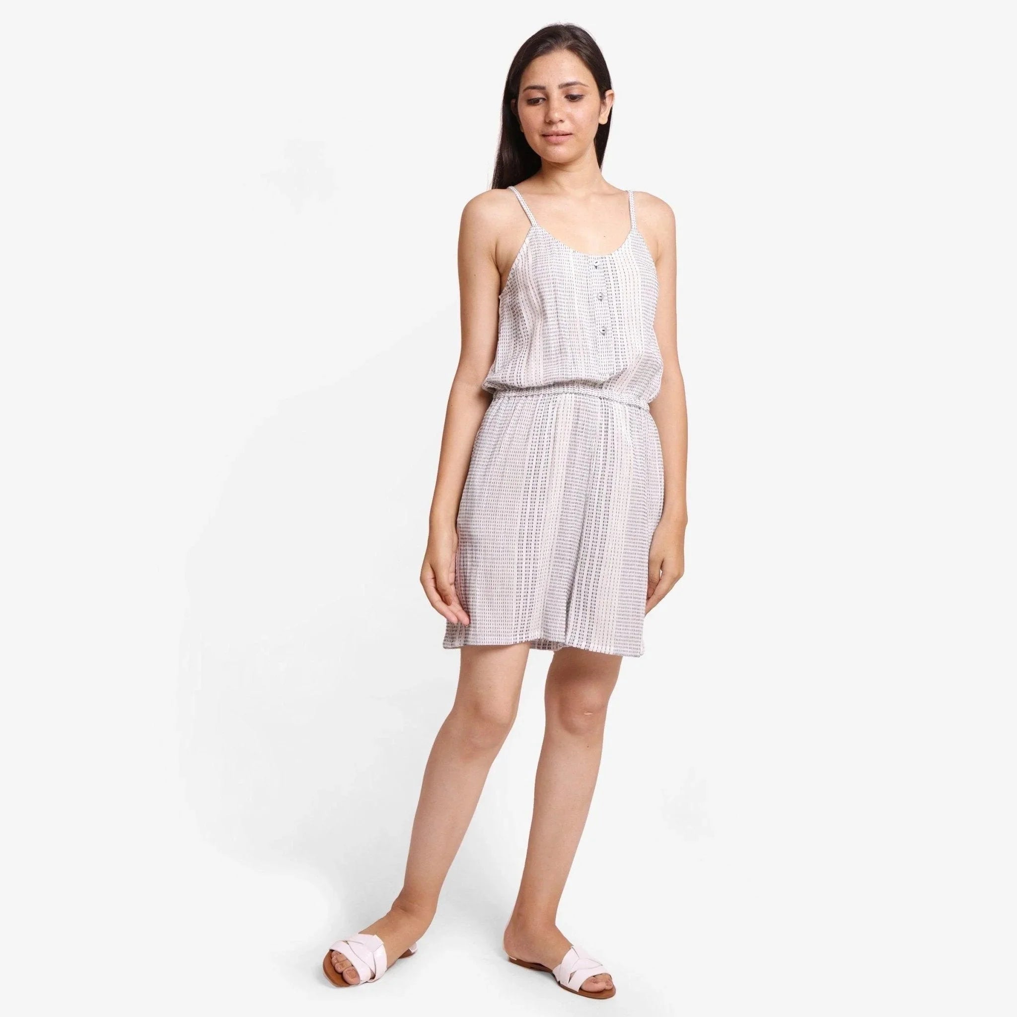 Front View of a Model wearing Strappy White 100% Cotton Short Striped Playsuit