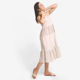 Right View of a Model wearing Strappy Yarn Dyed Cotton Tier Dress