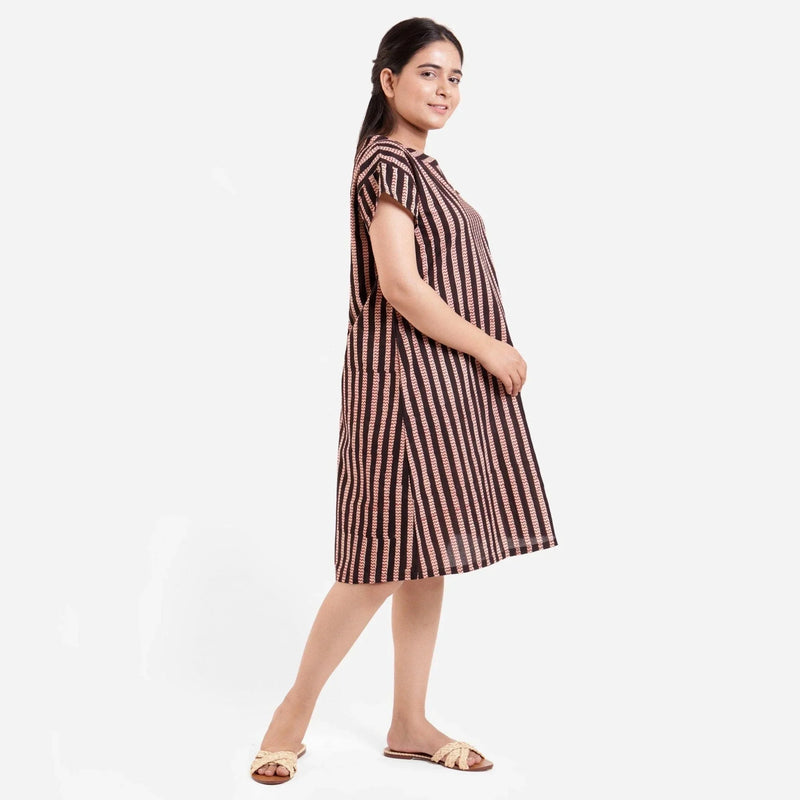 Right View of a Model wearing Bagru Striped Chevron A-Line Asymmetric Dress