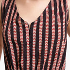 Front Detail of a Model wearing Striped Block Print Cotton Sleeveless Short Romper