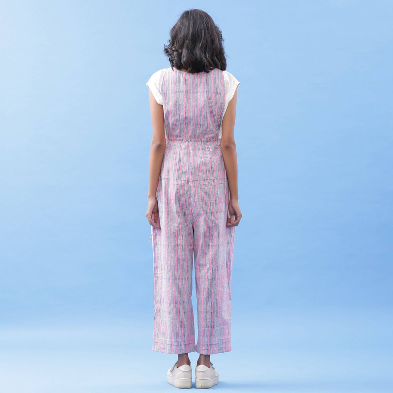 Back View of a Model wearing Striped Block Printed Tie Up Pinafore Jumpsuit