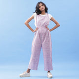 Front View of a Model wearing Striped Block Printed Tie Up Pinafore Jumpsuit