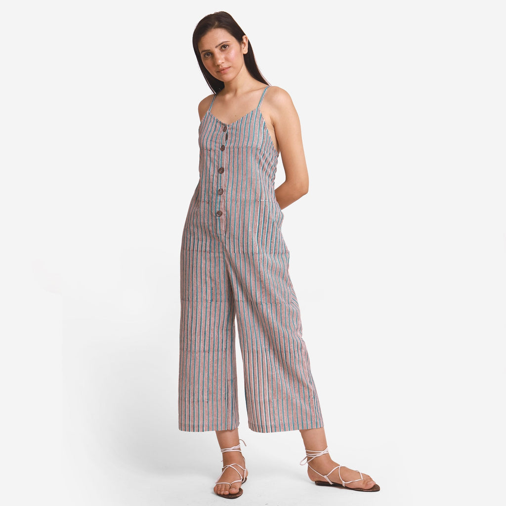 Front View of a Model wearing Striped Block Print Cotton Camisole Midi Jumpsuit