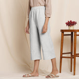 Left View of a Model wearing Striped Cloudy Grey Elasticated Cotton Pant