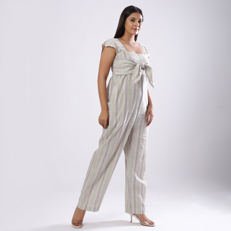 Right View of a Model wearing Striped Handspun Cotton Straight Jumpsuit