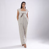 Front View of a Model wearing Striped Handspun Cotton Straight Jumpsuit