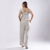 Back View of a Model wearing Striped Handspun Cotton Straight Jumpsuit