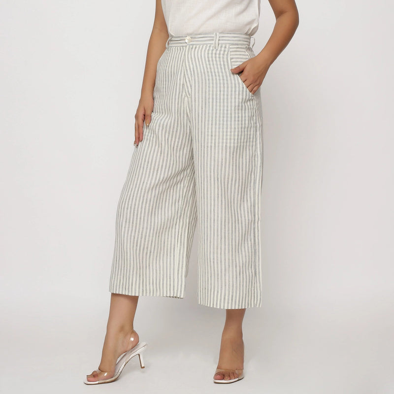 Left View of a Model wearing Striped Handspun Wide Legged Culottes