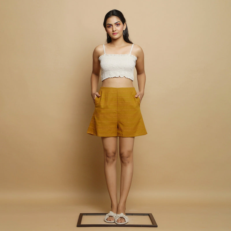 Front View of a Model wearing Striped Handwoven Flared Godet Shorts