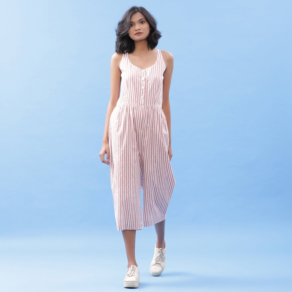 Front View of a Model wearing Striped Pink Cotton Button-Down Jumpsuit