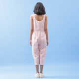 Left View of a Model wearing Striped Pink Cotton Button-Down Jumpsuit