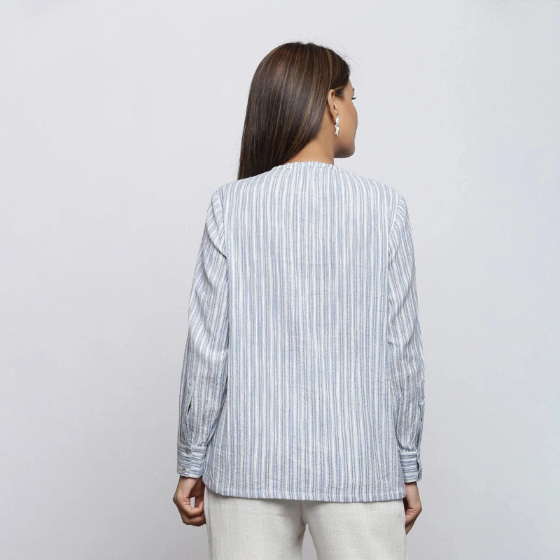 Back View of a Model wearing Striped Yarn Dyed Cotton Tie Neck Cuff Sleeve Top