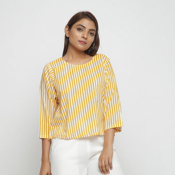 Front View of a Model wearing Yellow Hand Screen Printed Straight Top