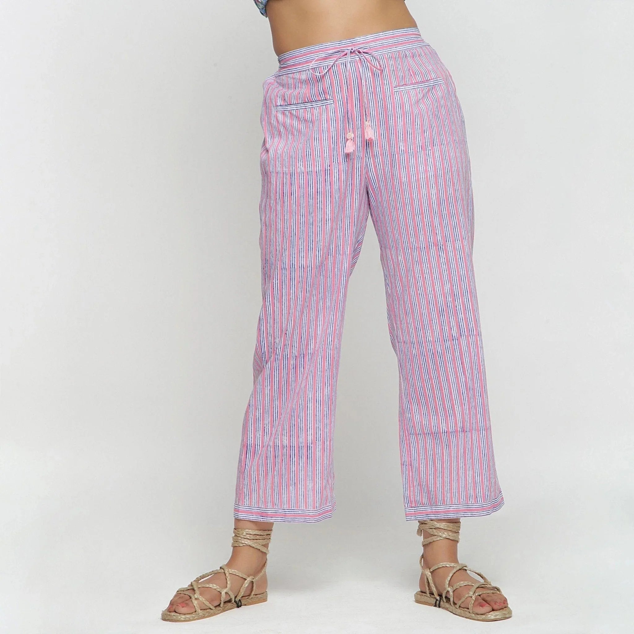 Front View of a Model wearing Pink and Blue Block Printed Cotton Pant