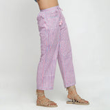 Right View of a Model wearing Pink and Blue Block Printed Cotton Pant