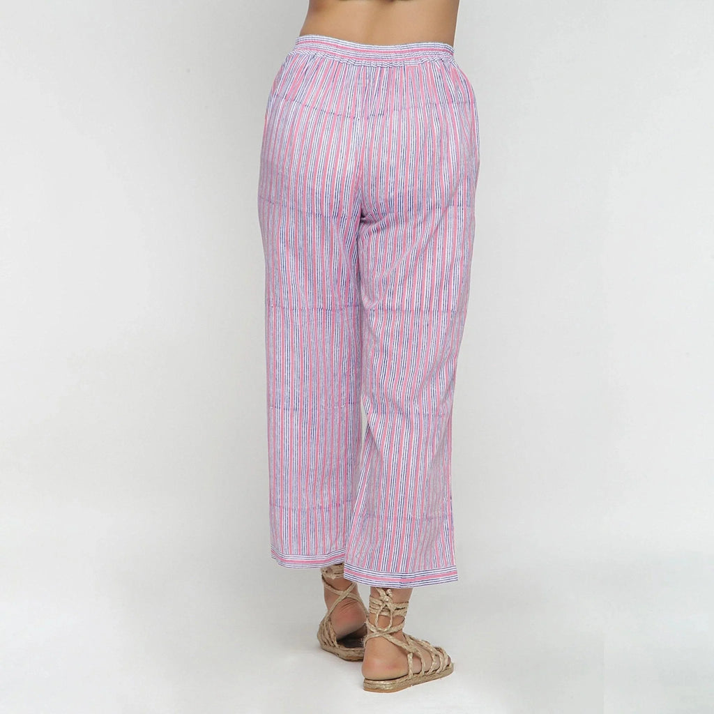 Back View of a Model wearing Pink and Blue Block Printed Cotton Pant