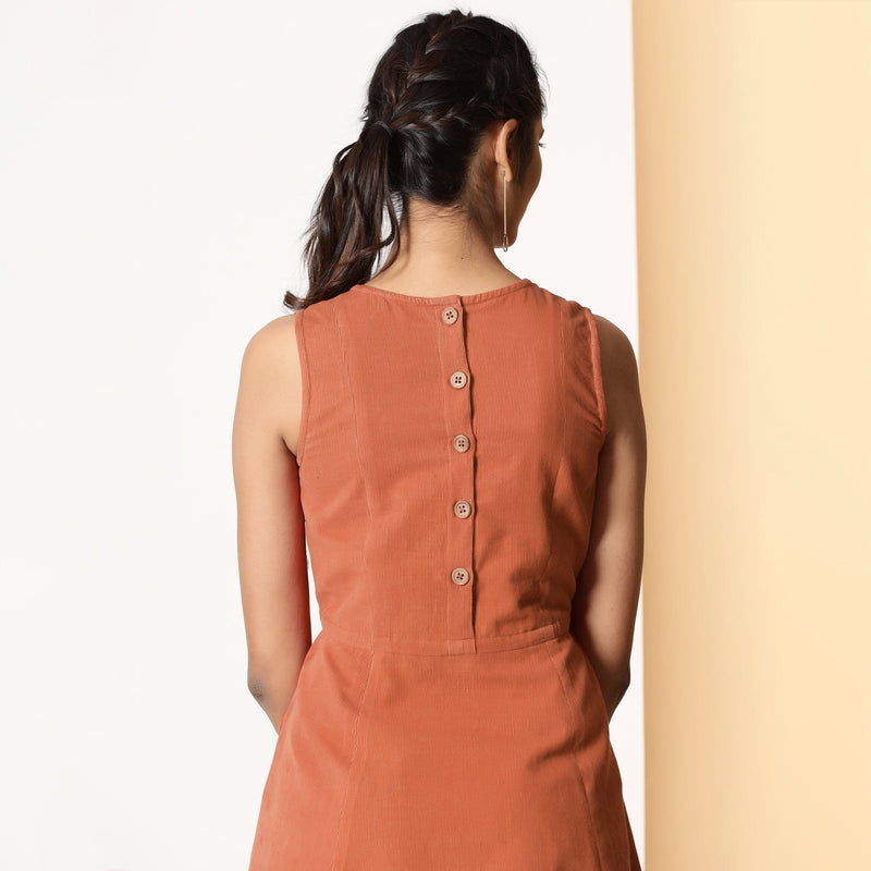 Back View of a Model wearing Sunset Orange Warm Cotton Corduroy Short Dress