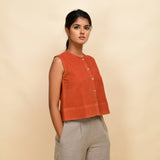 Right View of a Model wearing Sunset Rust Warm Cotton Corduroy Button-Down Short Top