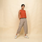 Right View of a Model wearing Sunset Rust Warm Cotton Corduroy Button-Down Short Top