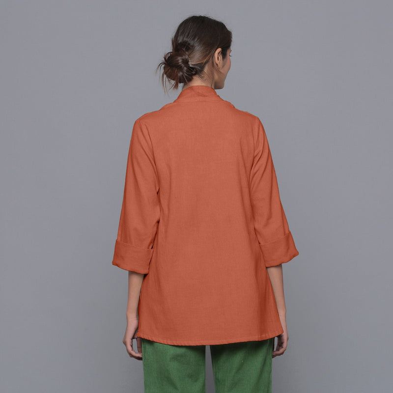 Back View of a Model wearing Sunset Rust Corduroy Front Open Overlay